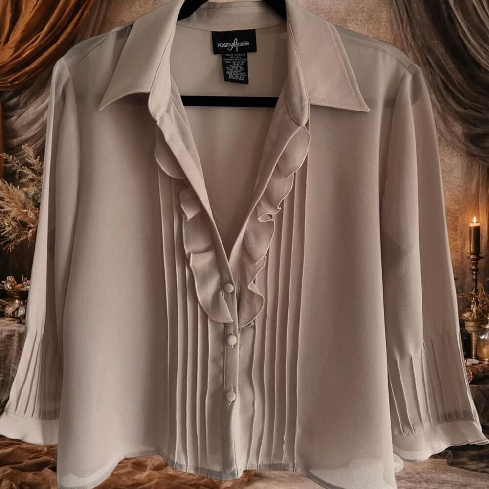 Taupe Ruffle Pintuck Blouse 14 Petite | Sheer Neutral Career Top